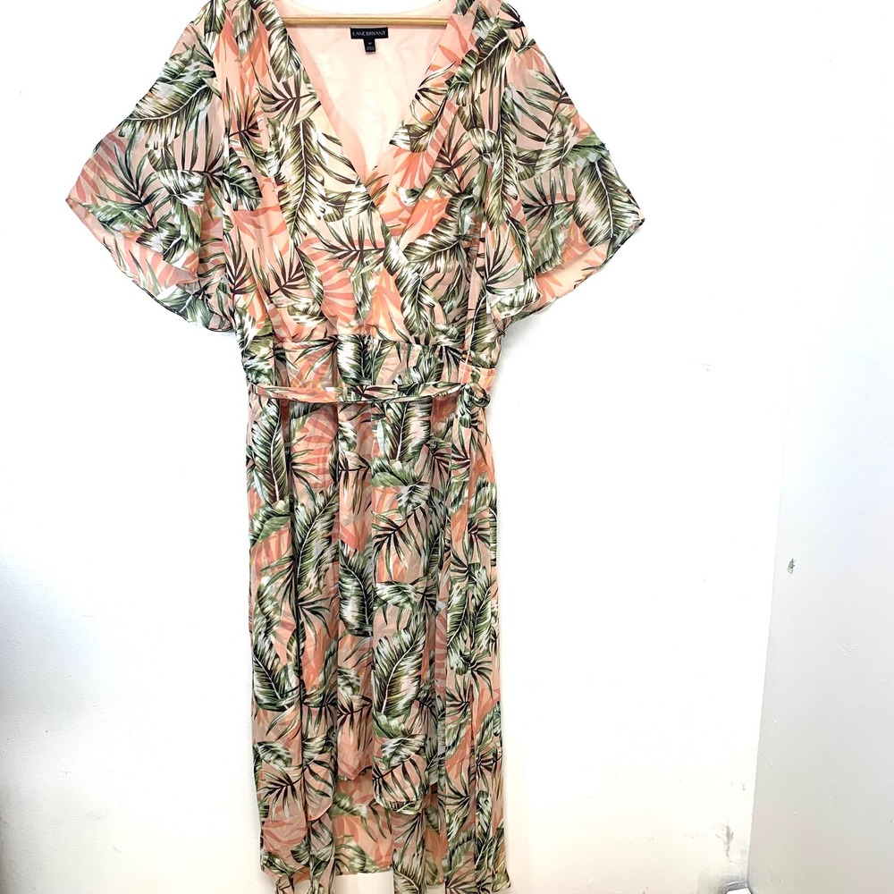 Lane Bryant Tropical Palm Leaf Print High Low Maxi Dress Green Peach Size 26 New